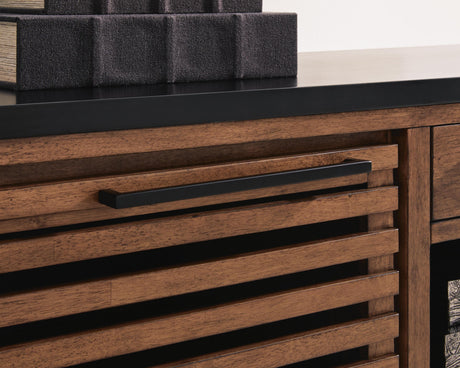 Kallari Warm Brown and Matte Black 2 Door Credenza by Ashley at Eve Furniture