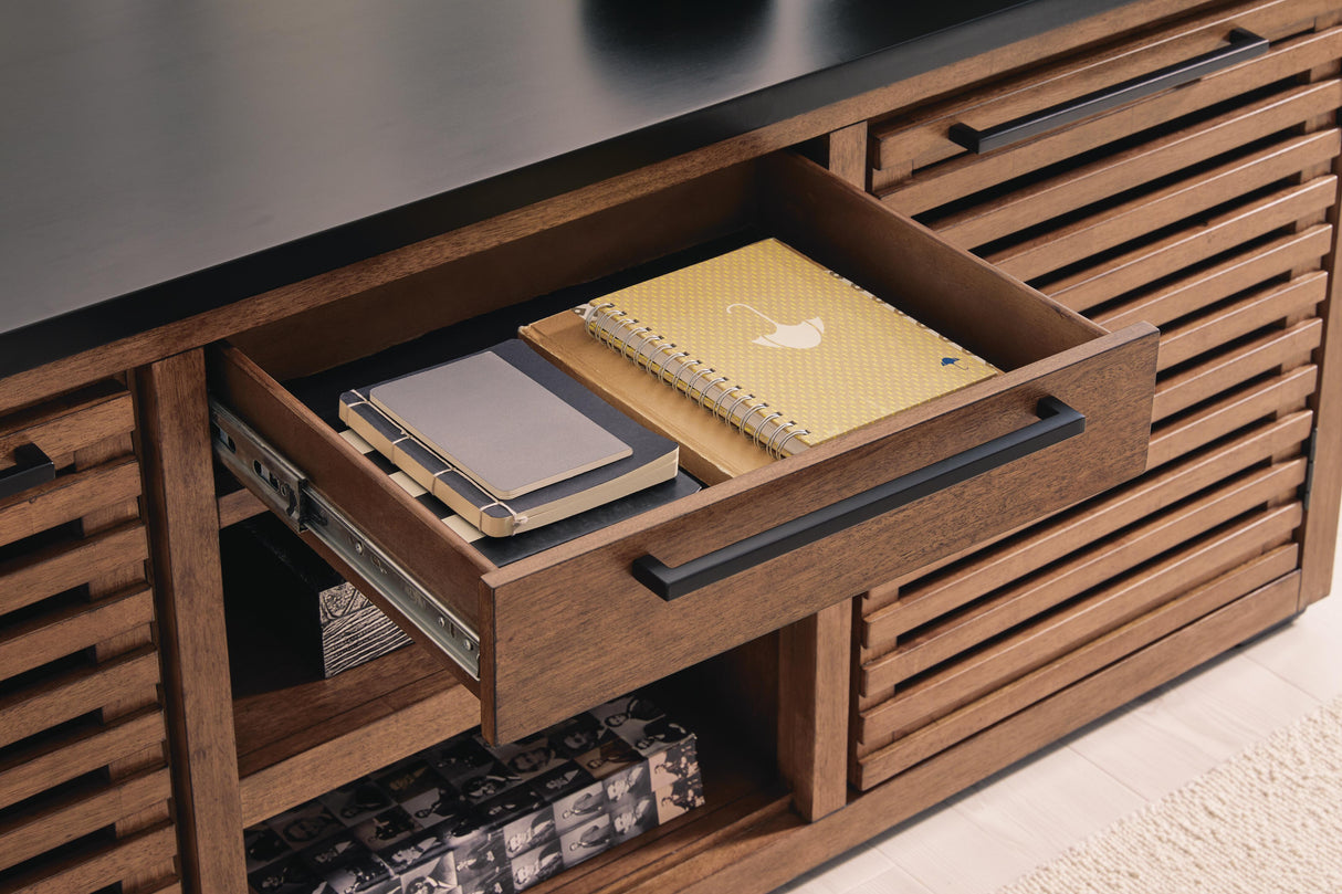 Kallari Warm Brown and Matte Black 2 Door Credenza by Ashley at Eve Furniture