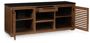 Kallari Warm Brown and Matte Black 2 Door Credenza by Ashley at Eve Furniture
