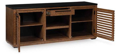 Kallari Warm Brown and Matte Black 2 Door Credenza by Ashley at Eve Furniture