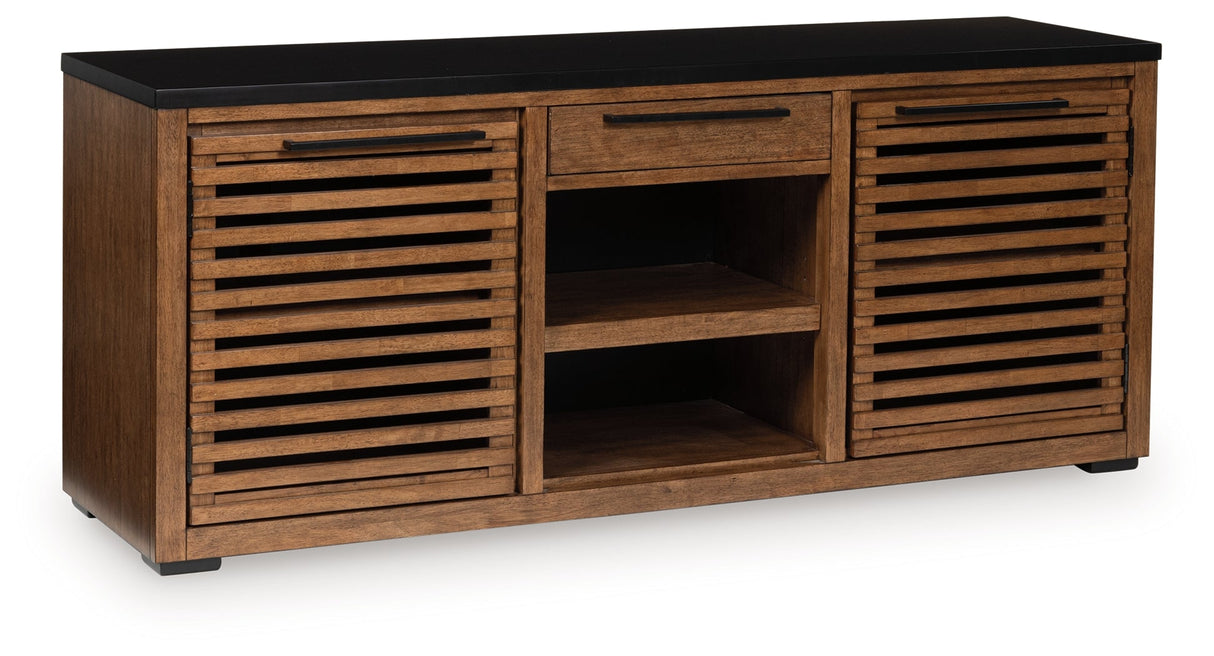 Kallari Warm Brown and Matte Black 2 Door Credenza by Ashley at Eve Furniture