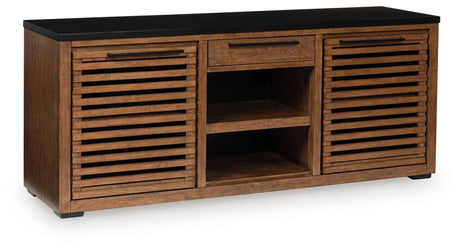 Kallari Warm Brown and Matte Black 2 Door Credenza by Ashley at Eve Furniture