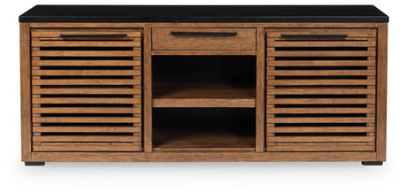 Kallari Warm Brown and Matte Black 2 Door Credenza by Ashley at Eve Furniture