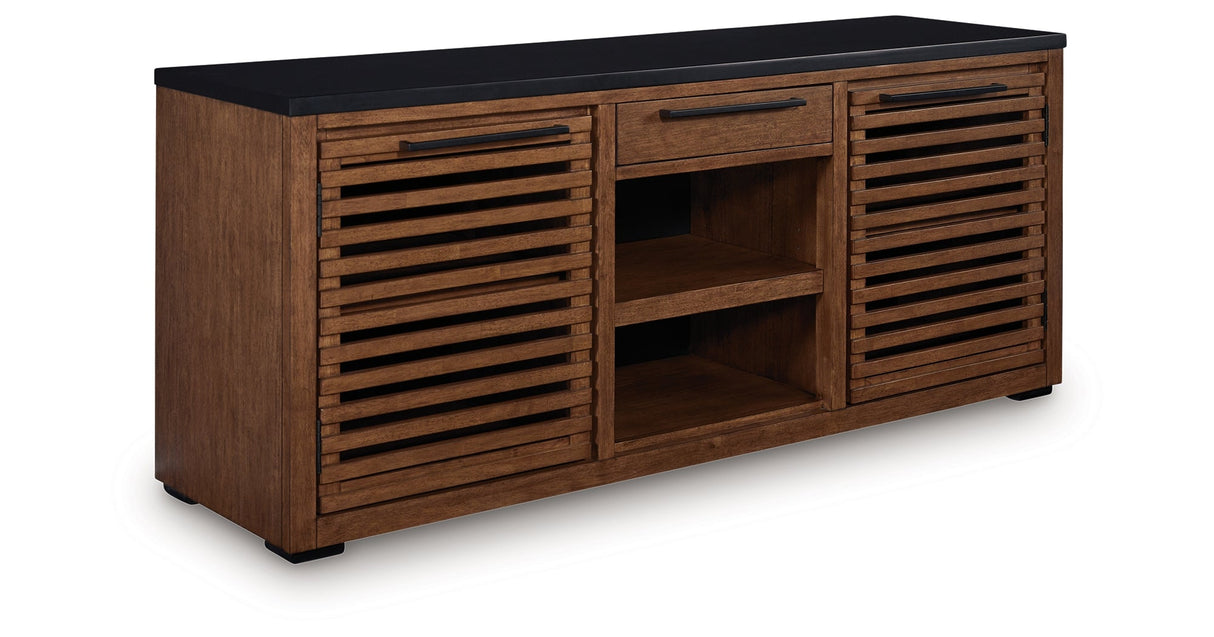 Kallari Warm Brown and Matte Black 2 Door Credenza by Ashley at Eve Furniture