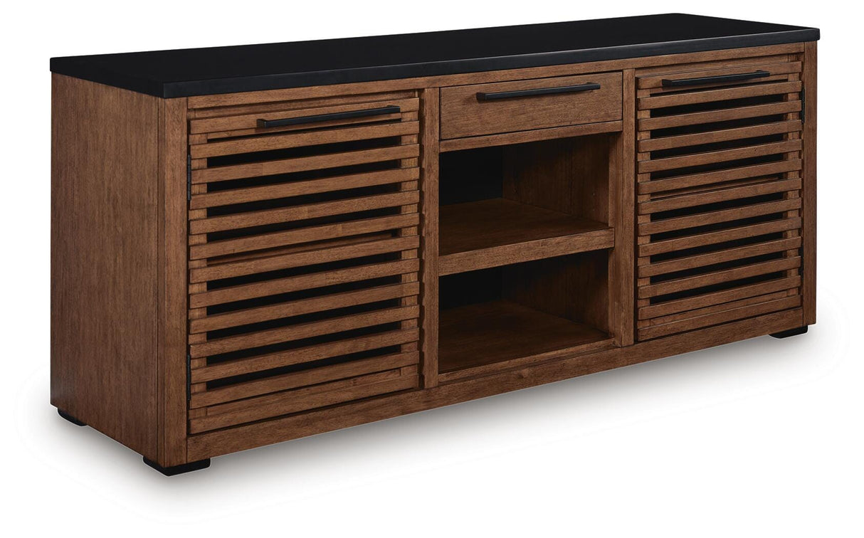 Kallari Warm Brown and Matte Black 2 Door Credenza by Ashley at Eve Furniture