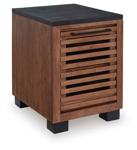 Kallari Warm Brown and Matte Black Chairside End Table by Ashley at Eve Furniture