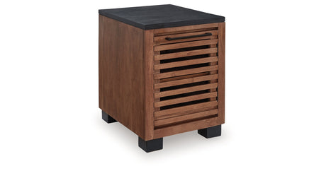 Kallari Warm Brown and Matte Black Chairside End Table by Ashley at Eve Furniture