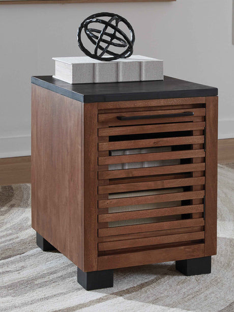 Kallari Warm Brown and Matte Black Chairside End Table by Ashley at Eve Furniture