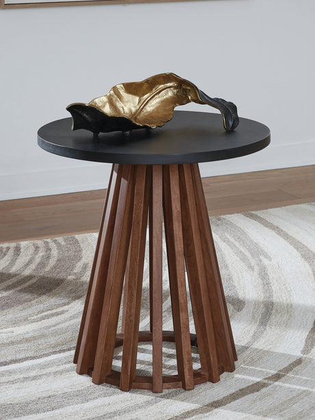 Kallari Warm Brown and Matte Black End Table by Ashley at Eve Furniture