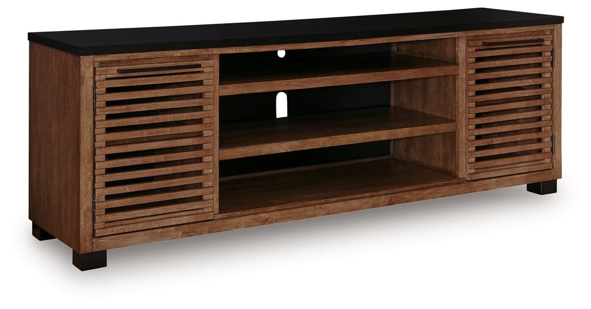 Kallari Warm Brown/Black 84" TV Stand by Ashley at Eve Furniture