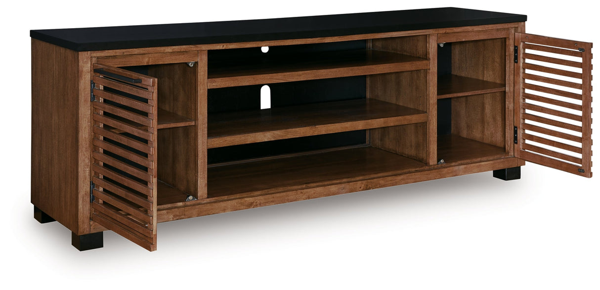 Kallari Warm Brown/Black 84" TV Stand by Ashley at Eve Furniture