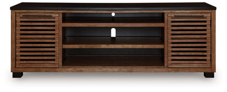 Kallari Warm Brown/Black 84" TV Stand by Ashley at Eve Furniture