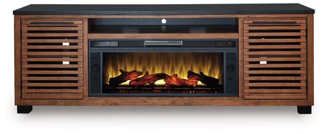 Kallari Warm Brown/Black 84" TV Stand with Electric Fireplace by Ashley at Eve Furniture