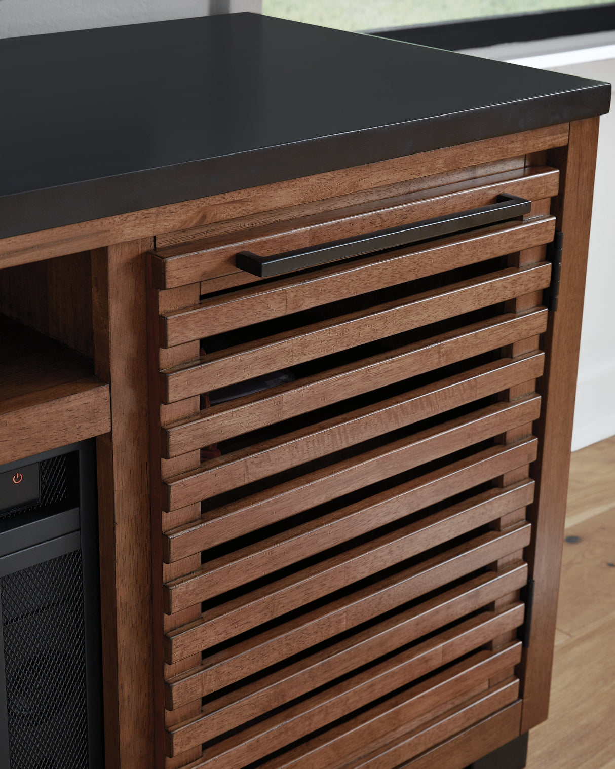 Kallari Warm Brown/Black 84" TV Stand with Electric Fireplace by Ashley at Eve Furniture