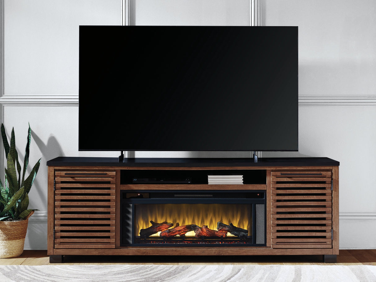 Kallari Warm Brown/Black 84" TV Stand with Electric Fireplace by Ashley at Eve Furniture
