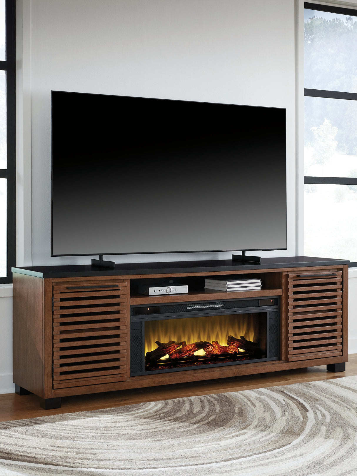 Kallari Warm Brown/Black 84" TV Stand with Electric Fireplace by Ashley at Eve Furniture