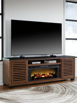 Kallari Warm Brown/Black 84" TV Stand with Electric Fireplace by Ashley at Eve Furniture