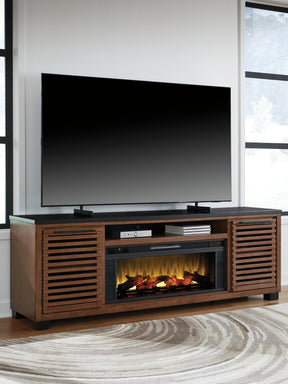 Kallari Warm Brown/Black 84" TV Stand with Electric Fireplace by Ashley at Eve Furniture