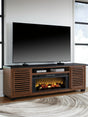 Kallari Warm Brown/Black 84" TV Stand with Electric Fireplace by Ashley at Eve Furniture