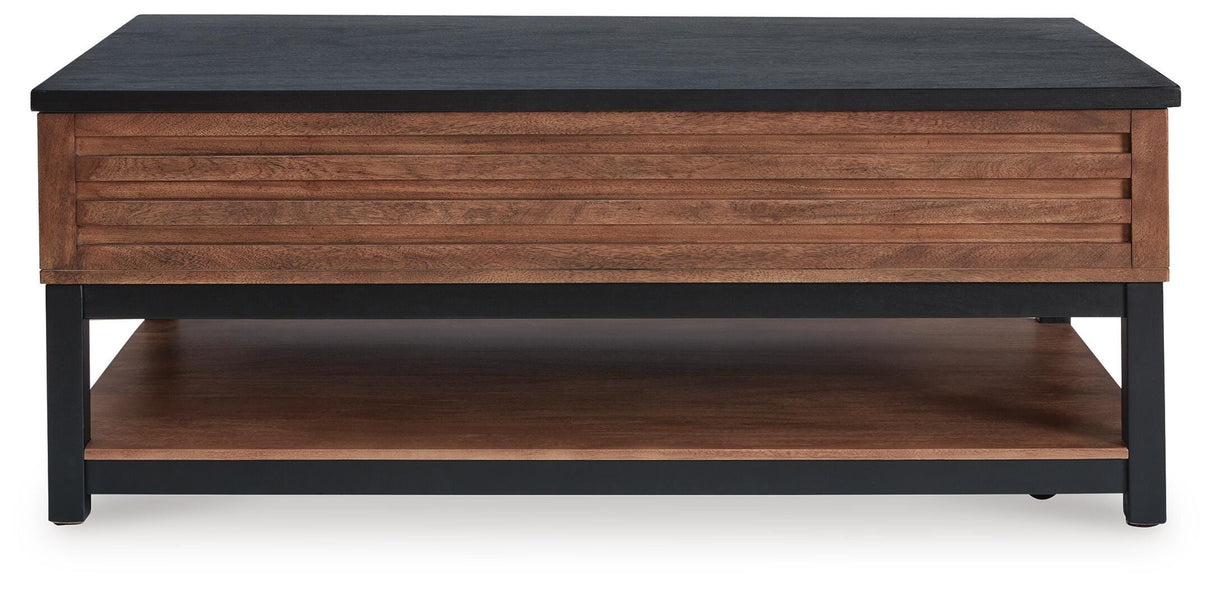 Kallari Warm Brown/Black Lift-Top Coffee Table and 2 End Tables by Ashley at Eve Furniture