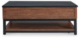 Kallari Warm Brown/Black Lift-Top Coffee Table and 2 End Tables by Ashley at Eve Furniture
