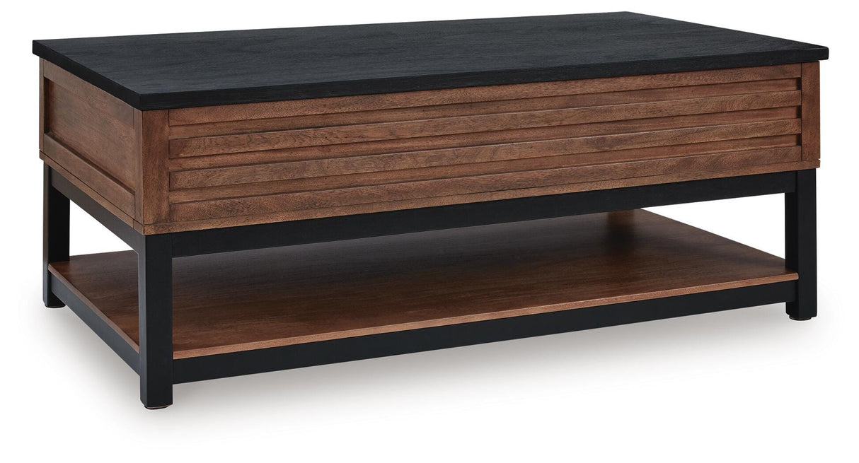 Kallari Warm Brown/Black Lift-Top Coffee Table and 2 End Tables by Ashley at Eve Furniture