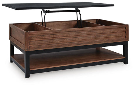 Kallari Warm Brown/Black Lift-Top Coffee Table and 2 End Tables by Ashley at Eve Furniture