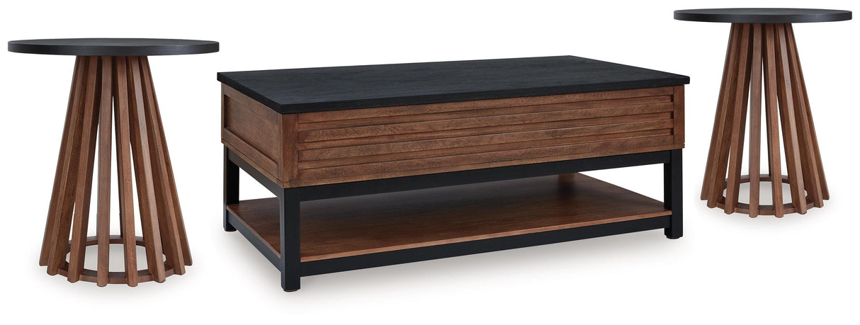 Kallari Warm Brown/Black Lift-Top Coffee Table and 2 End Tables by Ashley at Eve Furniture