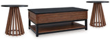 Kallari Warm Brown/Black Lift-Top Coffee Table and 2 End Tables by Ashley at Eve Furniture