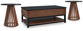 Kallari Warm Brown/Black Lift-Top Coffee Table and 2 End Tables by Ashley at Eve Furniture