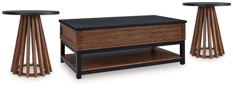 Kallari Warm Brown/Black Lift-Top Coffee Table and 2 End Tables by Ashley at Eve Furniture