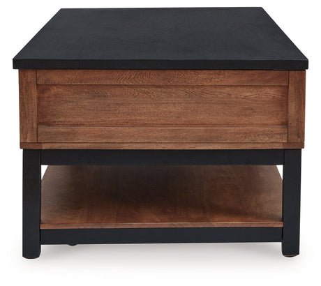 Kallari Warm Brown/Black Lift-Top Coffee Table by Ashley at Eve Furniture
