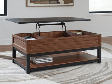 Kallari Warm Brown/Black Lift-Top Coffee Table by Ashley at Eve Furniture