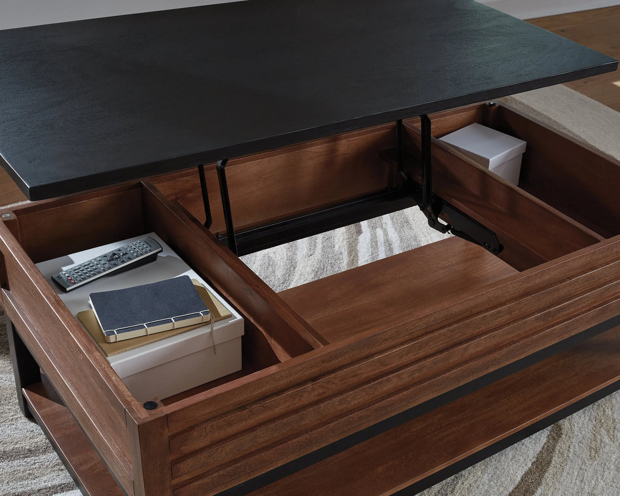 Kallari Warm Brown/Black Lift-Top Coffee Table by Ashley at Eve Furniture