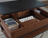 Kallari Warm Brown/Black Lift-Top Coffee Table by Ashley at Eve Furniture