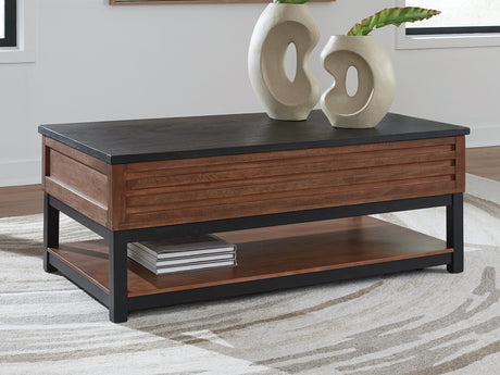 Kallari Warm Brown/Black Lift-Top Coffee Table by Ashley at Eve Furniture