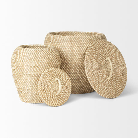 Kalopa Set of 2 Seagrass Floor Baskets w/ Flat Handled Lid by Mercana at Eve Furniture
