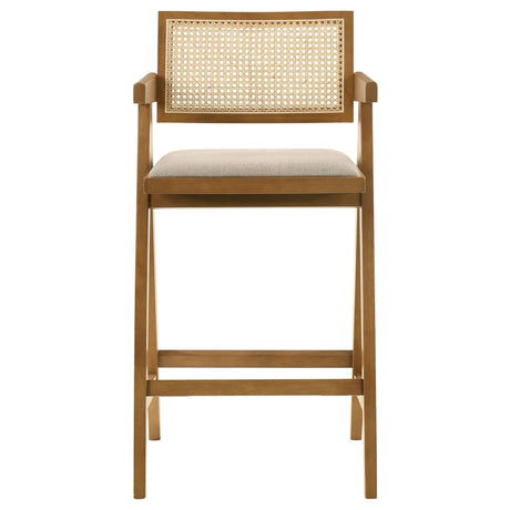 Kane Solid Wood Bar Stool with Woven Rattan Back and Upholstered Seat Light Walnut (Set of 2)