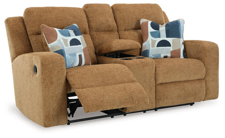 Kanlow Honey Manual Reclining Loveseat with Console by Ashley at Eve Furniture