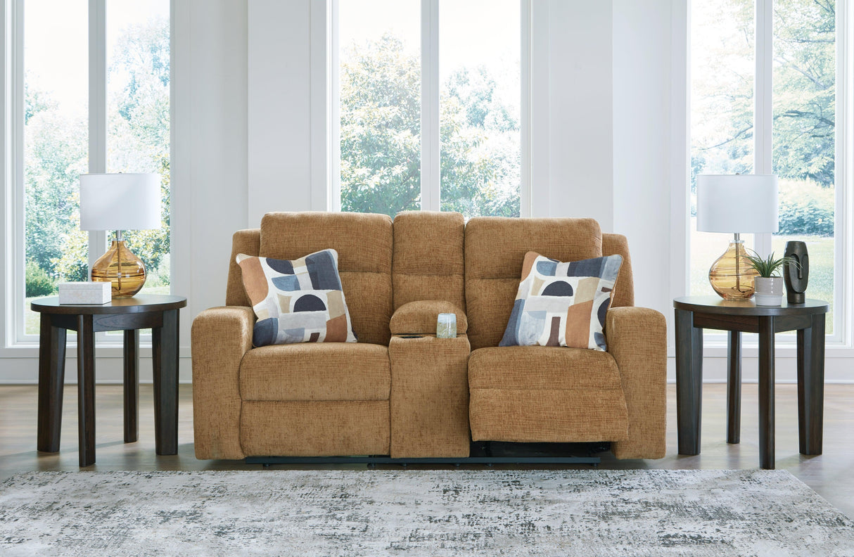 Kanlow Honey Manual Reclining Loveseat with Console by Ashley at Eve Furniture