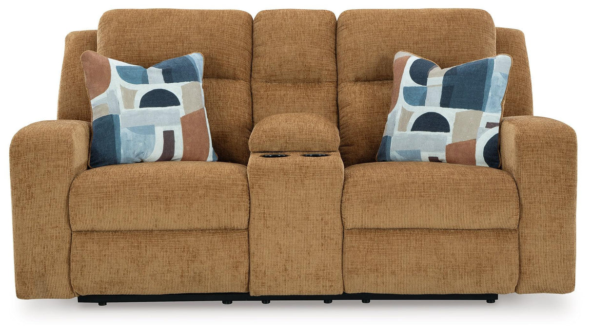 Kanlow Honey Manual Reclining Loveseat with Console by Ashley at Eve Furniture