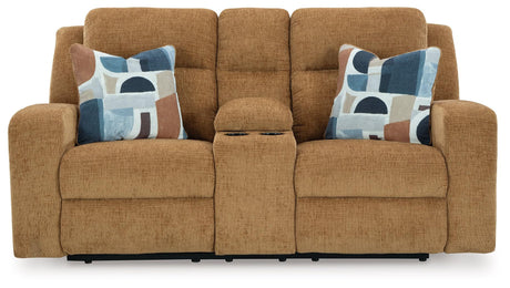 Kanlow Honey Manual Reclining Loveseat with Console by Ashley at Eve Furniture