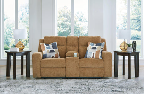 Kanlow Honey Manual Reclining Loveseat with Console by Ashley at Eve Furniture