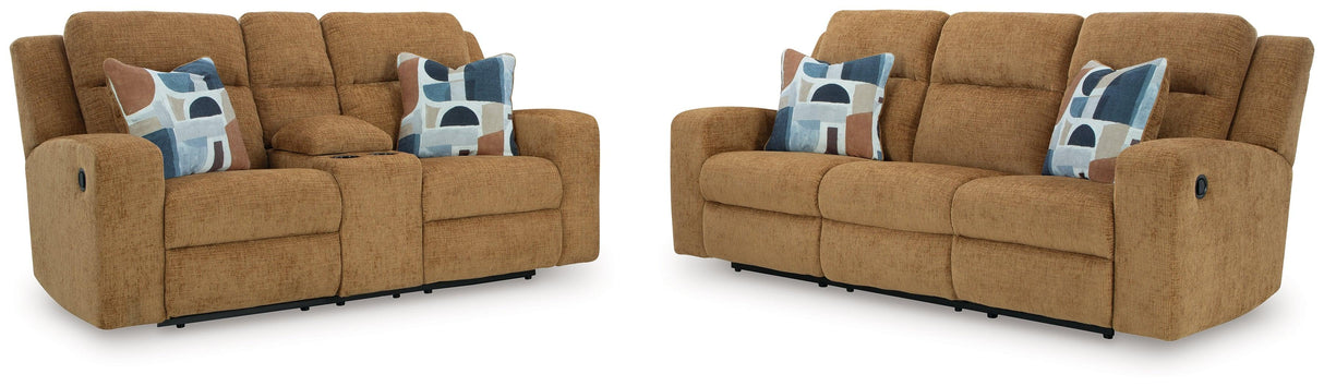Kanlow Honey Manual Reclining Sofa and Loveseat by Ashley at Eve Furniture