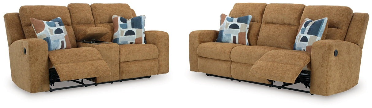 Kanlow Honey Manual Reclining Sofa and Loveseat by Ashley at Eve Furniture