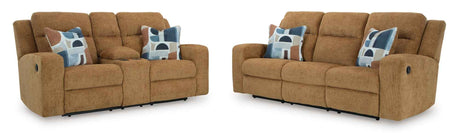 Kanlow Honey Reclining Sofa and Loveseat by Ashley at Eve Furniture