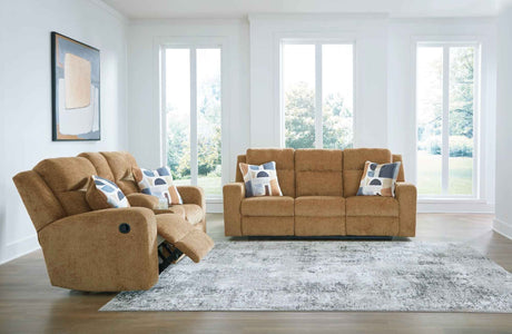 Kanlow Honey Reclining Sofa and Loveseat by Ashley at Eve Furniture