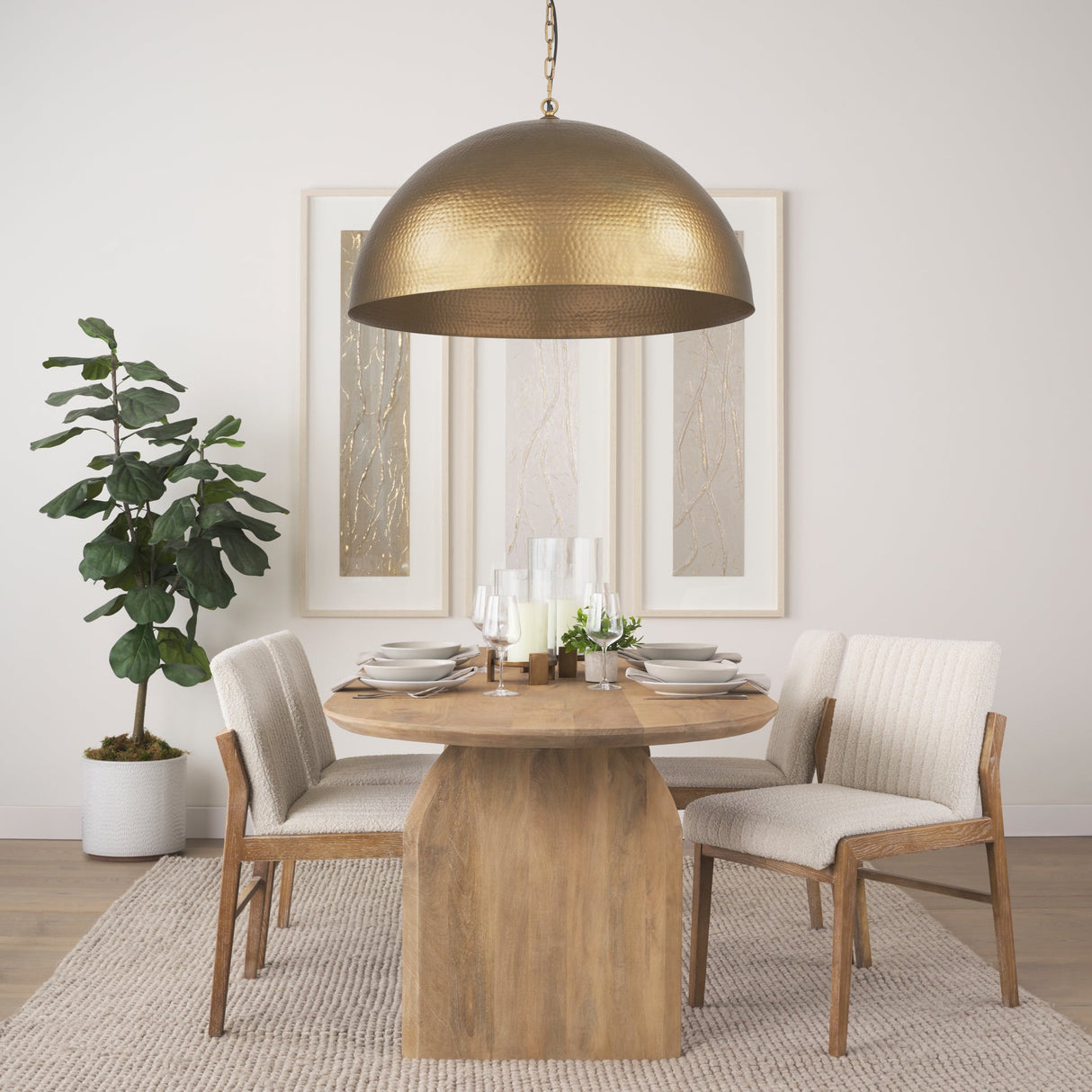 Karina 36" Round Brass-tone Hammered Metal Dome Pendant Light by Mercana at Eve Furniture