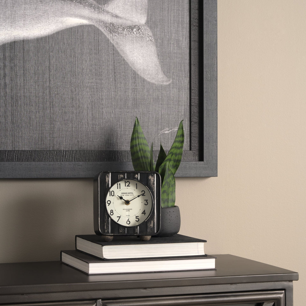 Karl 6.0L x 3.0W x 6.8H Rustic Black Iron Rounded Square Table Clock by Mercana at Eve Furniture