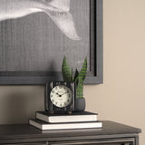 Karl 6.0L x 3.0W x 6.8H Rustic Black Iron Rounded Square Table Clock by Mercana at Eve Furniture